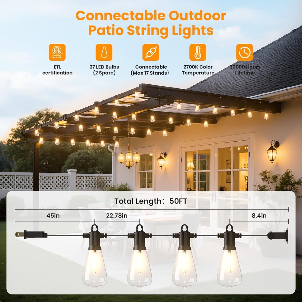 50FT Outdoor String Lights wit - огляд і ціна String Light Bistro